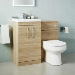Emily 1000mm Bathroom Toilet & Sink Unit - Natural Oak - Harbour Clarity 525mm Toilet & Seat - Basin B - 18mm Height - Concealed Cistern