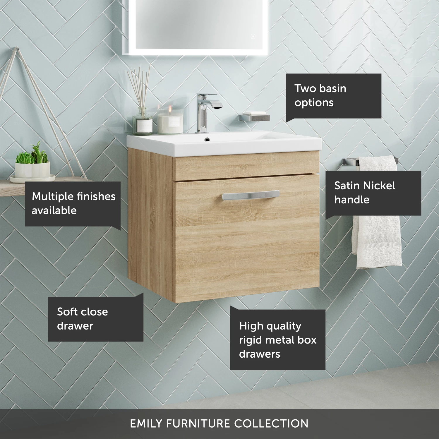 Emily 500mm Wall Mounted 1 Drawer Vanity Unit & Mid-Edged Basin - Hacienda Black 11 Emily 500mm Wall Mounted 1 Drawer Vanity Unit & Mid-Edged Basin - Hacienda Black - Image 9