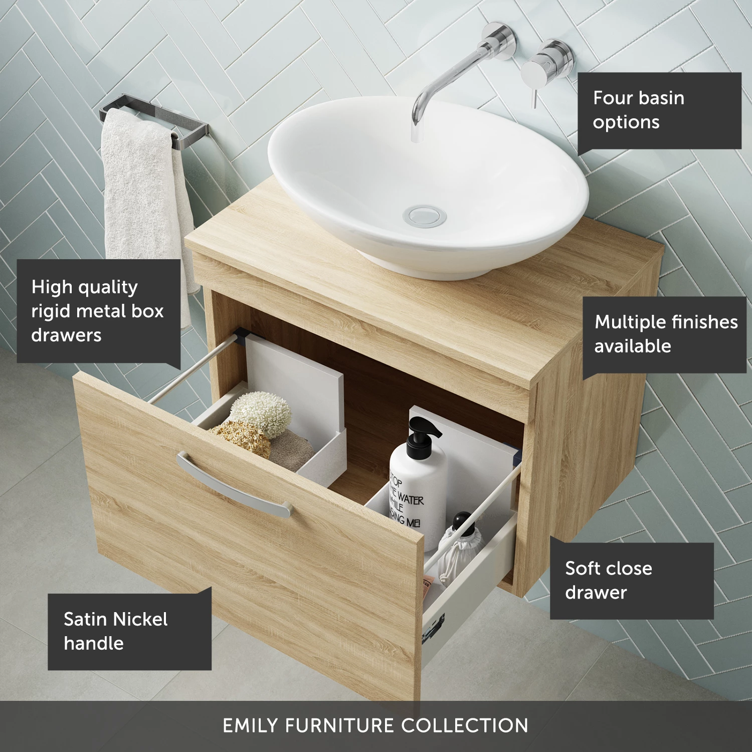 Emily 600mm Wall Mounted 1 Drawer Unit And Countertop - Gloss White - Hudson Reed Rectangular Countertop Basin 7 Emily 600mm Wall Mounted 1 Drawer Unit And Countertop - Gloss White - Hudson Reed Rectangular Countertop Basin - Image 5