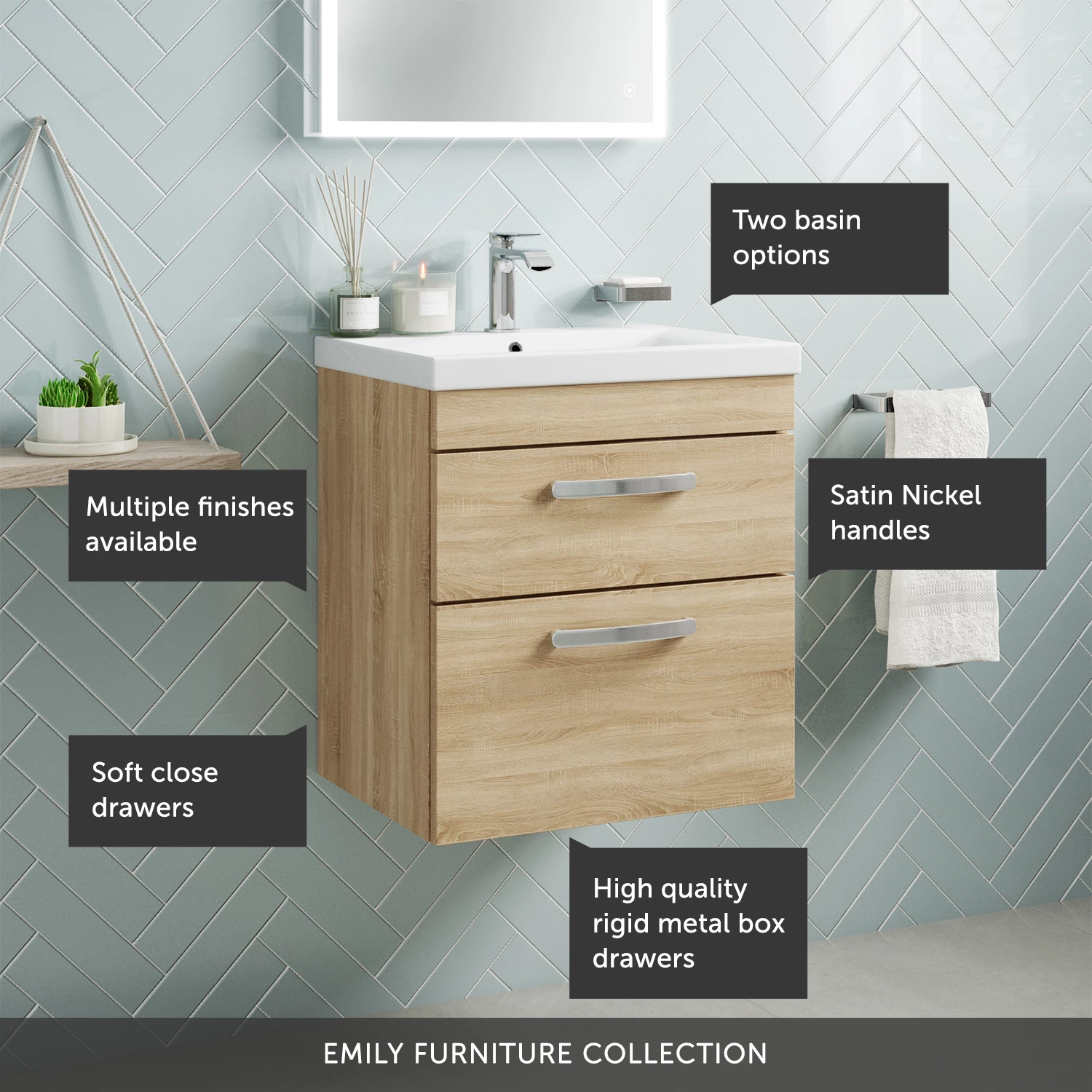Emily 500mm Wall Mounted 2 Drawer Vanity Unit & Minimalist Basin - Gloss White 10 Emily 500mm Wall Mounted 2 Drawer Vanity Unit & Minimalist Basin - Gloss White - Image 8