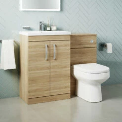 Emily 1100mm Bathroom Toilet & Sink Unit - Natural Oak - Harbour Clarity 525mm Toilet & Seat - Basin A - 40mm Height - Concealed Cistern