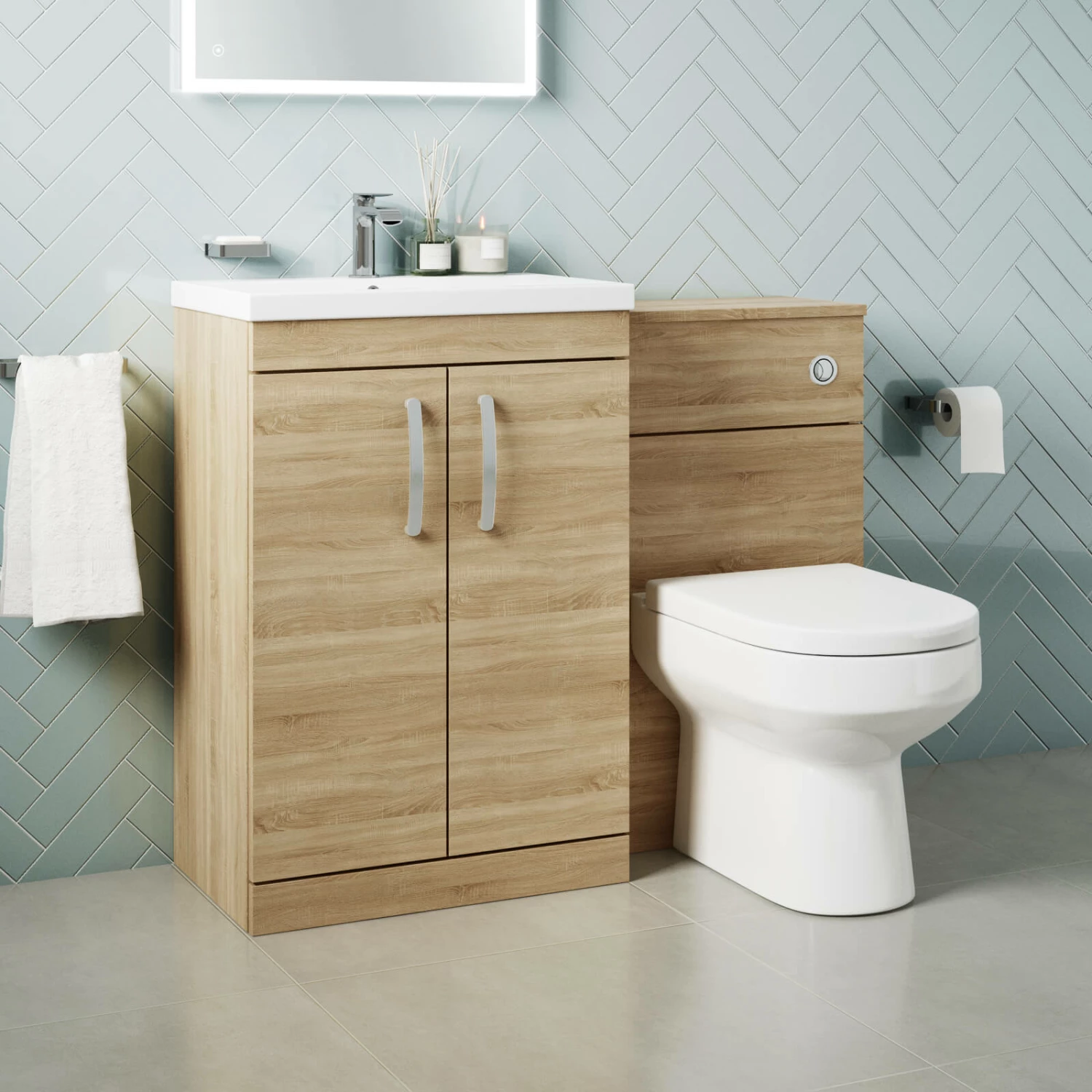 Emily 1100mm Bathroom Toilet & Sink Unit - Natural Oak - Harbour Clarity 525mm Toilet & Seat - Basin A - 40mm Height - Concealed Cistern 3 Emily 1100mm Bathroom Toilet & Sink Unit - Natural Oak - Harbour Clarity 525mm Toilet & Seat - Basin A - 40mm Height - Concealed Cistern