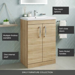 Emily 600mm Floorstanding Vanity Unit & Minimalist Basin - Natural Oak 17 Emily 600mm Floorstanding Vanity Unit & Minimalist Basin - Natural Oak -TAP WAREHOUSE Shop 600 floor 2 door call outs
