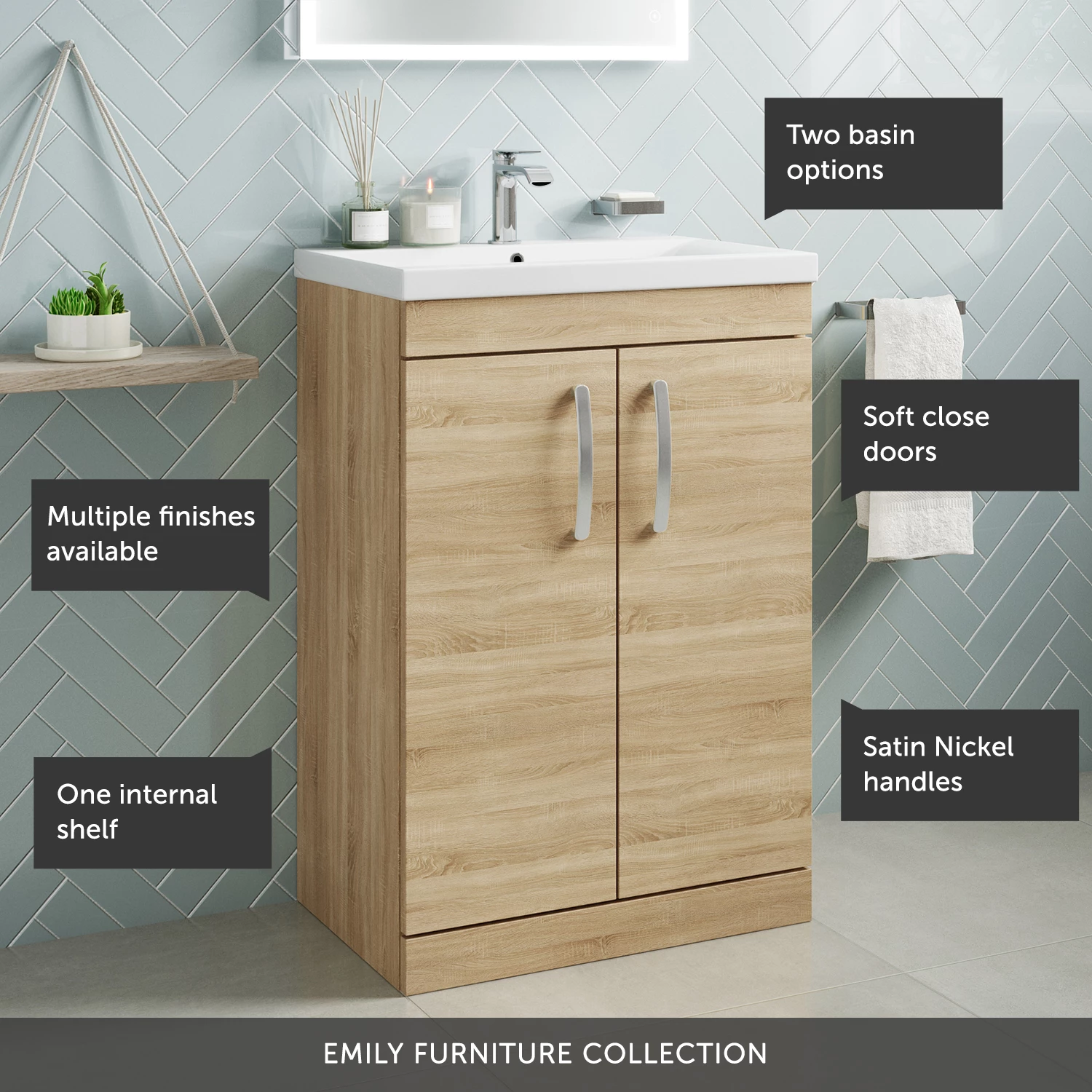 Emily 600mm Floorstanding Vanity Unit & Minimalist Basin - Natural Oak 10 Emily 600mm Floorstanding Vanity Unit & Minimalist Basin - Natural Oak - Image 8