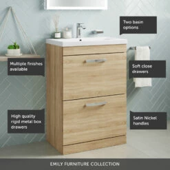 Emily 600mm Floorstanding 2 Drawer Vanity Unit & Minimalist Basin - Gloss White -TAP WAREHOUSE Shop 600 floor 2 drawer call outs