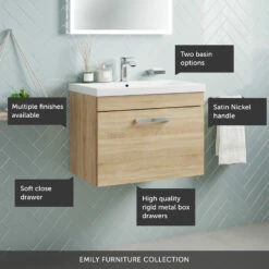 Emily 600mm Wall Mounted 1 Drawer Vanity Unit & Mid-Edged Basin - Natural Oak -TAP WAREHOUSE Shop 600 wall 1 drawer call outs