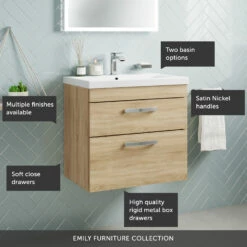 Emily 600mm Wall Mounted 2 Drawer Vanity Unit & Mid-Edged Basin - Hacienda Black -TAP WAREHOUSE Shop 600 wall 2 drawer call outs