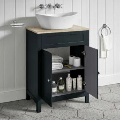 Butler & Rose Catherine Floorstanding Shadow Grey Vanity Unit With Country Oak-Effect Countertop & Audrey Stone Resin Basin 25 Butler & Rose Catherine Floorstanding Shadow Grey Vanity Unit With Country Oak-Effect Countertop & Audrey Stone Resin Basin -TAP WAREHOUSE Shop 600mm butler rose catherine countryoak countertop shadowgrey unit lifestyle4