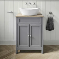 Butler & Rose Catherine Floorstanding Shadow Grey Vanity Unit With Country Oak-Effect Countertop & Audrey Stone Resin Basin