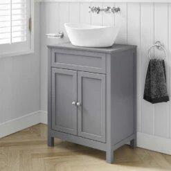 Butler & Rose Catherine Floorstanding Shadow Grey Vanity Unit With Shadow Grey Countertop & Audrey Stone Resin Basin -TAP WAREHOUSE Shop 600mm butler rose catherine tailoredgrey countertop tailoredgrey unit lifestyle3