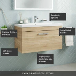 Emily 800mm Wall Mounted 1 Drawer Vanity Unit & Mid-Edged Basin - Gloss White -TAP WAREHOUSE Shop 800 wall 1 drawer call outs