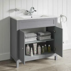Butler & Rose Catherine Traditional 800mm Floorstanding Vanity Unit With Basin - Shadow Grey 26 Butler & Rose Catherine Traditional 800mm Floorstanding Vanity Unit With Basin - Shadow Grey -TAP WAREHOUSE Shop 800mm butlerandrose catherine floorstanding traditional vanityunit tailoredgrey lifestyle5