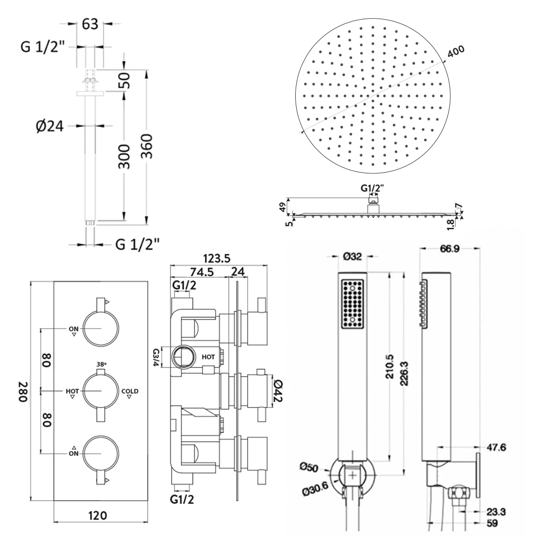 Adele Concealed Shower Valve, Fixed Head & Shower Handset - 300mm Arm 9 Adele Concealed Shower Valve, Fixed Head & Shower Handset - 300mm Arm - Image 7