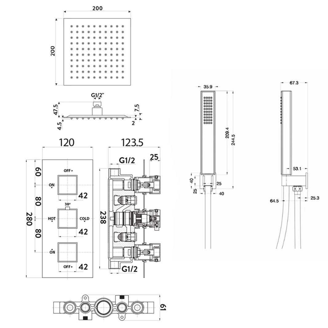 Archie Concealed Shower Valve, 200mm Fixed Shower Head & Handset - 300mm Wall Shower Arm 8 Archie Concealed Shower Valve, 200mm Fixed Shower Head & Handset - 300mm Wall Shower Arm - Image 6