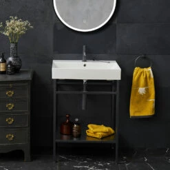 Britton Bathrooms Hoxton Slim Basin Mixer Tap - Matt Black -TAP WAREHOUSE Shop bathrooms shoreditch 600mm black frame furniture stand and basin lifestyle2