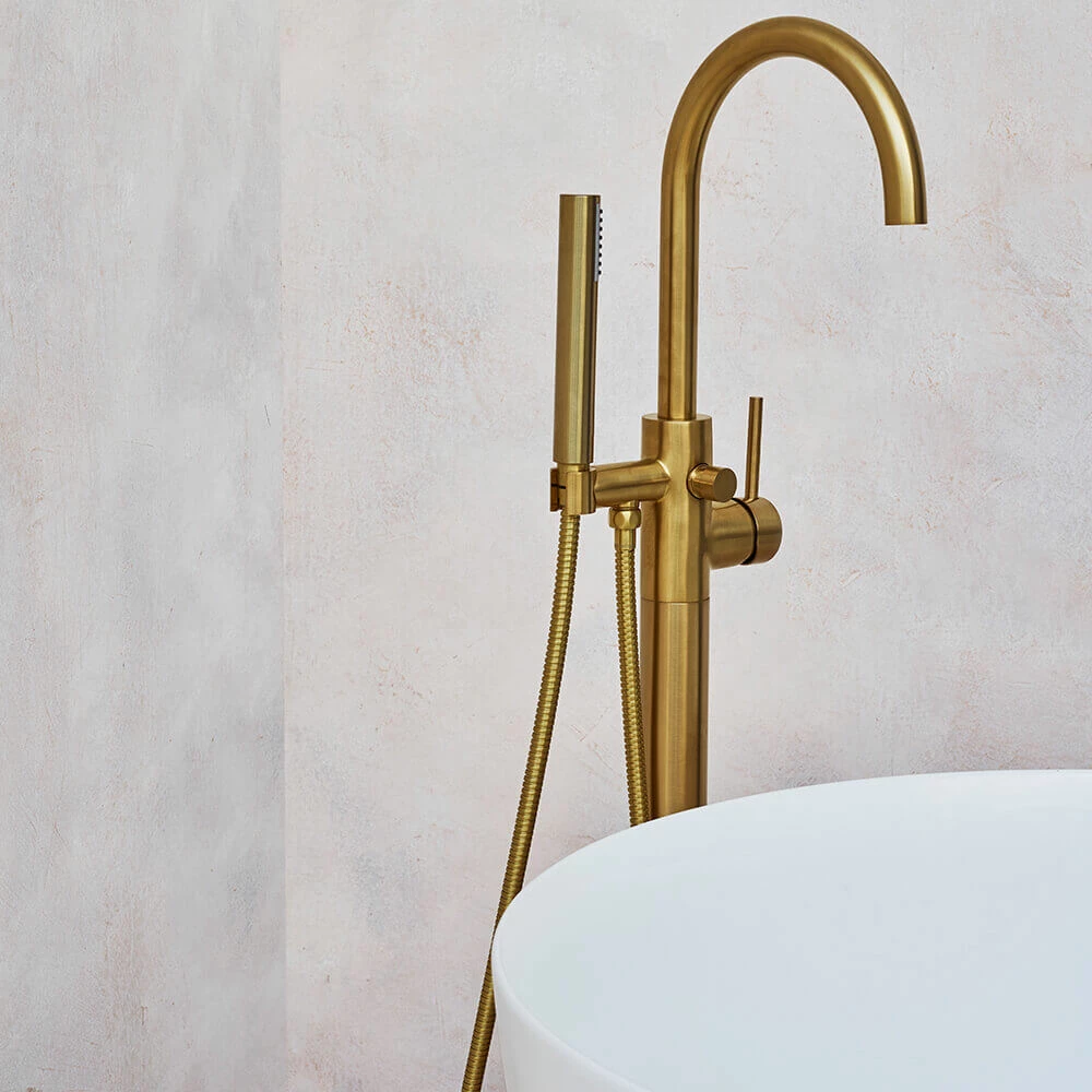Britton Bathrooms Hoxton Floorstanding Bath Shower Mixer Tap - Brushed Brass 4 Britton Bathrooms Hoxton Floorstanding Bath Shower Mixer Tap - Brushed Brass - Image 2