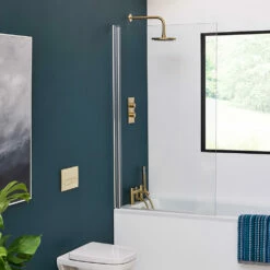 Britton Bathrooms Hoxton Bath Shower Mixer Tap - Brushed Brass 10 Britton Bathrooms Hoxton Bath Shower Mixer Tap - Brushed Brass -TAP WAREHOUSE Shop britton bathrooms hoxton brushed brass rain shower head wall mounted arm lifestyle