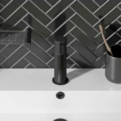 Britton Bathrooms Hoxton Slim Basin Mixer Tap - Matt Black -TAP WAREHOUSE Shop britton bathrooms hoxton mono basin tap matt black lifestyle