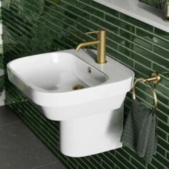 Britton Bathrooms Hoxton Slim Basin Mixer Tap - Brushed Brass 14 Britton Bathrooms Hoxton Slim Basin Mixer Tap - Brushed Brass -TAP WAREHOUSE Shop britton bathrooms semi pedestal basin lifestyle 2