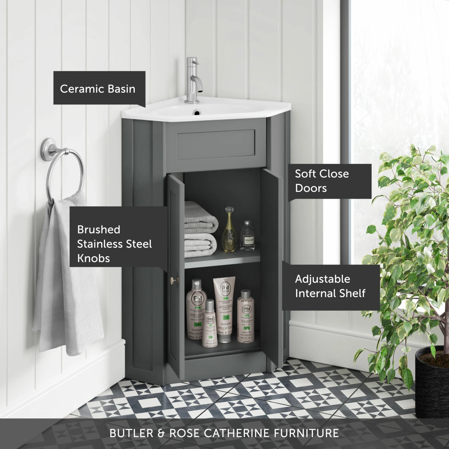 Butler & Rose Catherine Corner Cloakroom Traditional Vanity Unit - Matt Grey 4 Butler & Rose Catherine Corner Cloakroom Traditional Vanity Unit - Matt Grey - Image 2