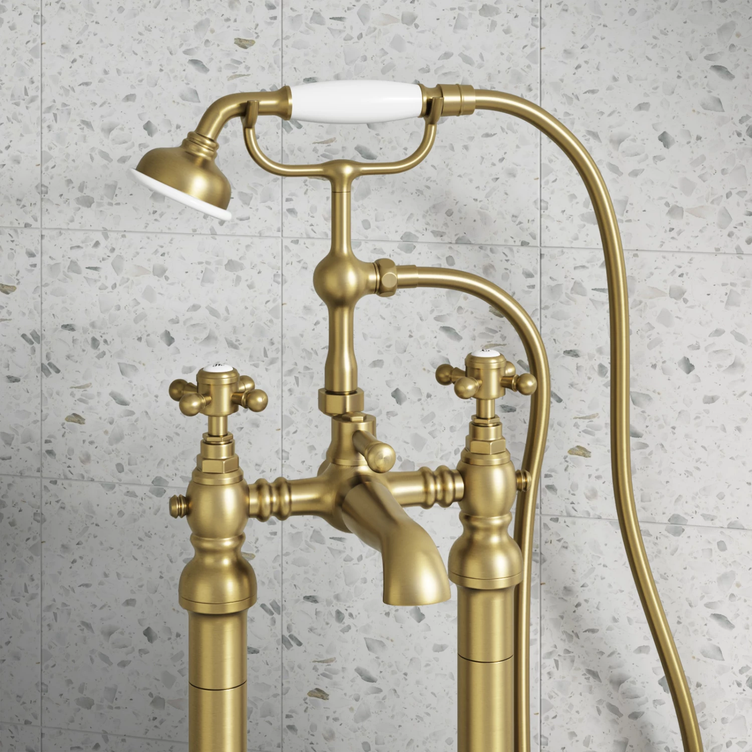 Butler & Rose Beatrice Brushed Brass Freestanding Bath Shower Mixer & Kit 3 Butler & Rose Beatrice Brushed Brass Freestanding Bath Shower Mixer & Kit