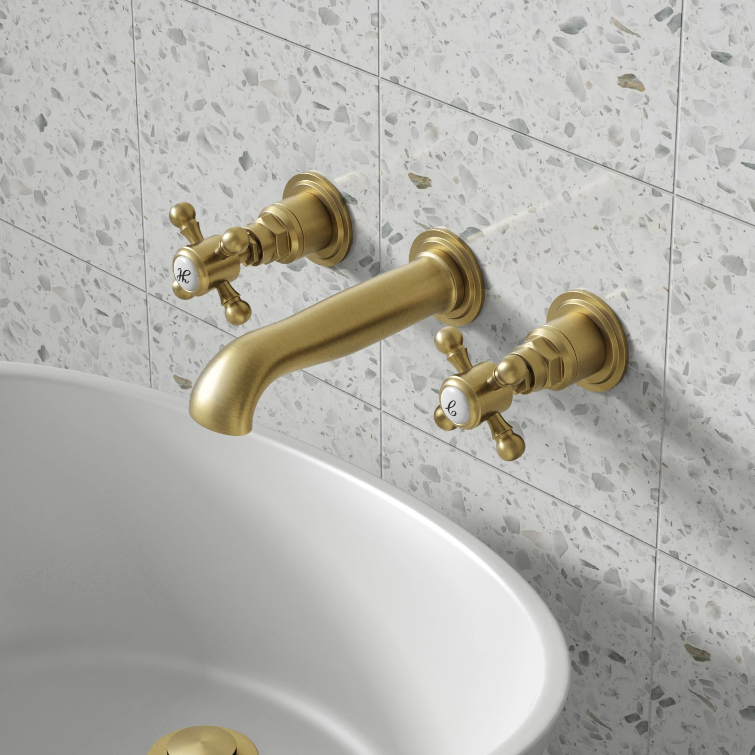 Butler & Rose Beatrice Brushed Brass Wall Mounted Basin Mixer Tap 3 Butler & Rose Beatrice Brushed Brass Wall Mounted Basin Mixer Tap