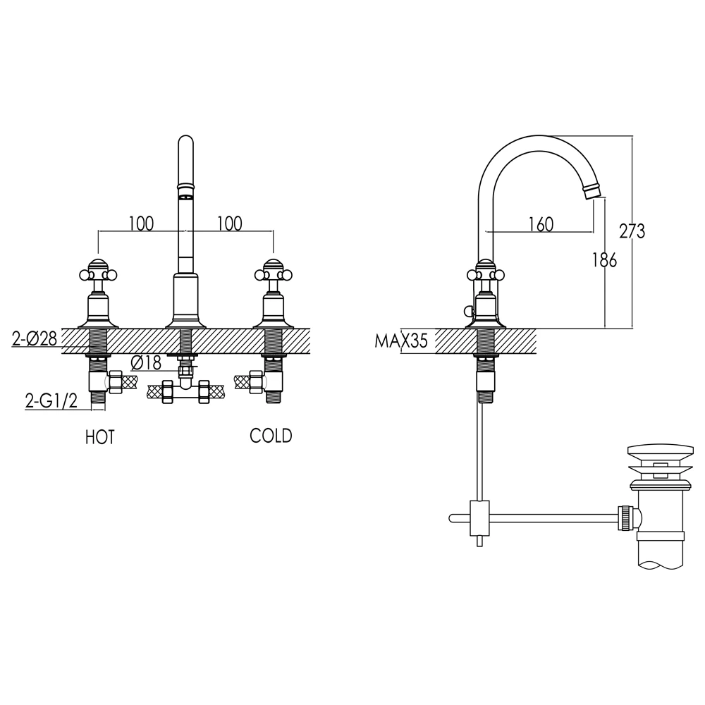 Butler & Rose Caledonia Crosshead 3 Hole Basin Mixer Tap & Waste 5 Butler & Rose Caledonia Crosshead 3 Hole Basin Mixer Tap & Waste - Image 3