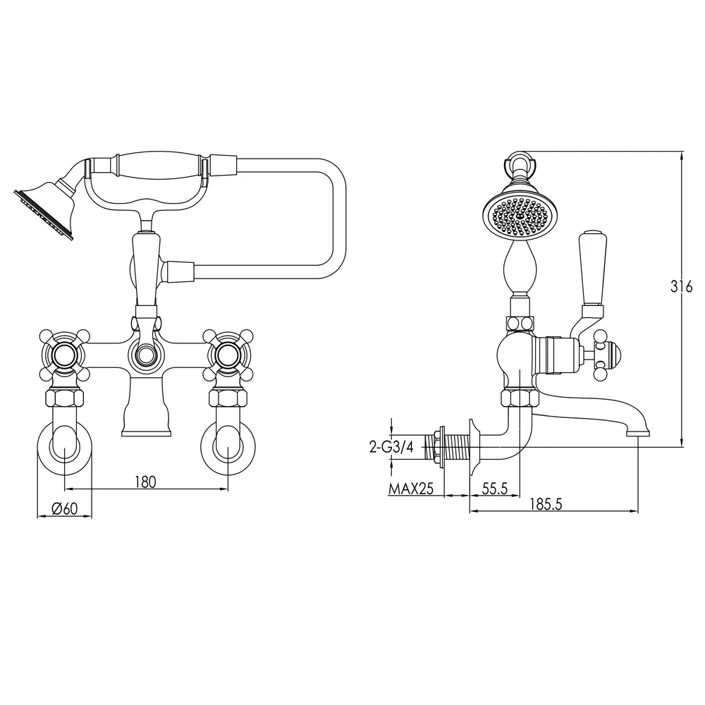 Butler & Rose Caledonia Crosshead Wall Mounted Bath Shower Mixer With Handset Kit - Chrome 6 Butler & Rose Caledonia Crosshead Wall Mounted Bath Shower Mixer With Handset Kit - Chrome - Image 4