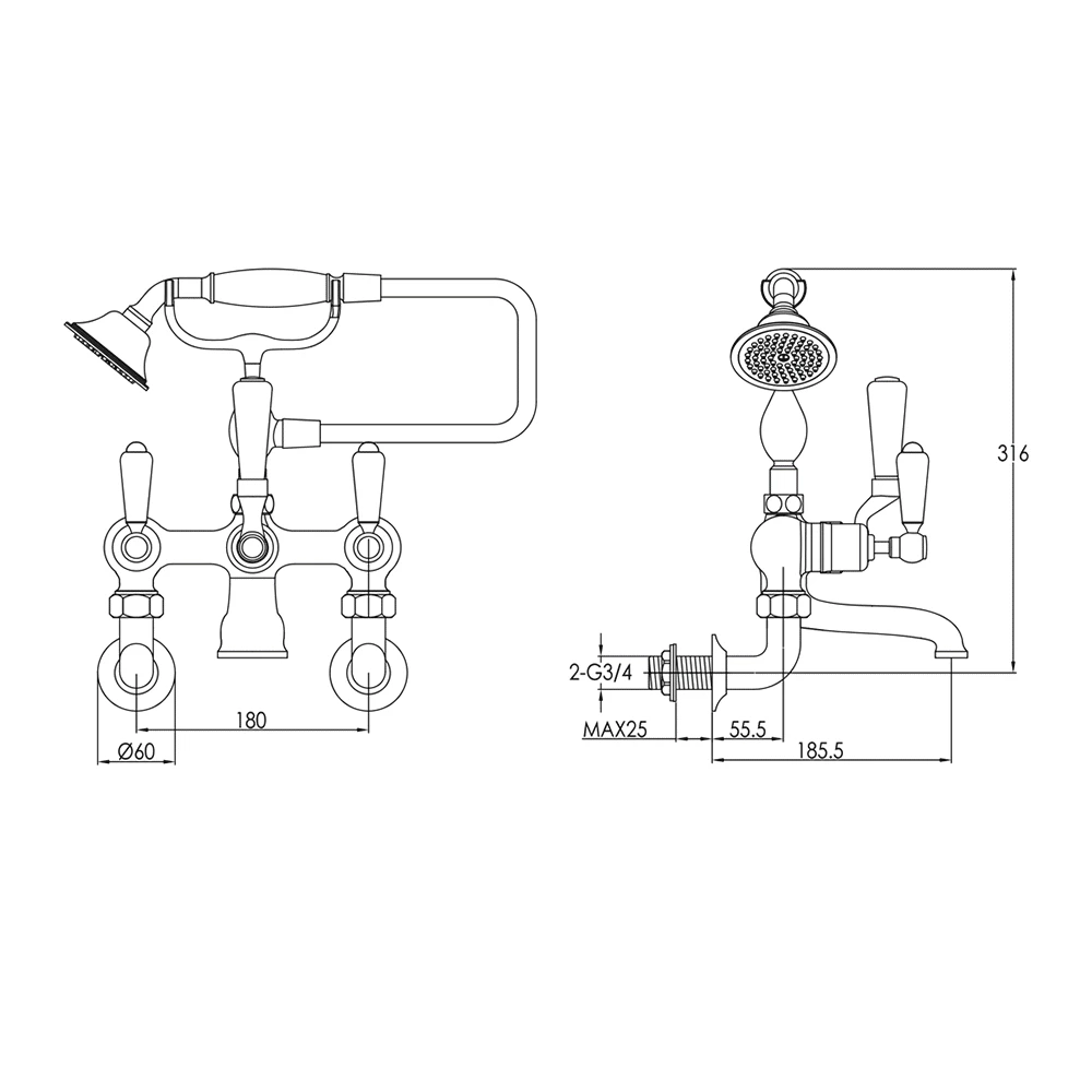 Butler & Rose Caledonia Lever Wall Mounted Bath Mixer With Shower Handset - Nickel 6 Butler & Rose Caledonia Lever Wall Mounted Bath Mixer With Shower Handset - Nickel - Image 4