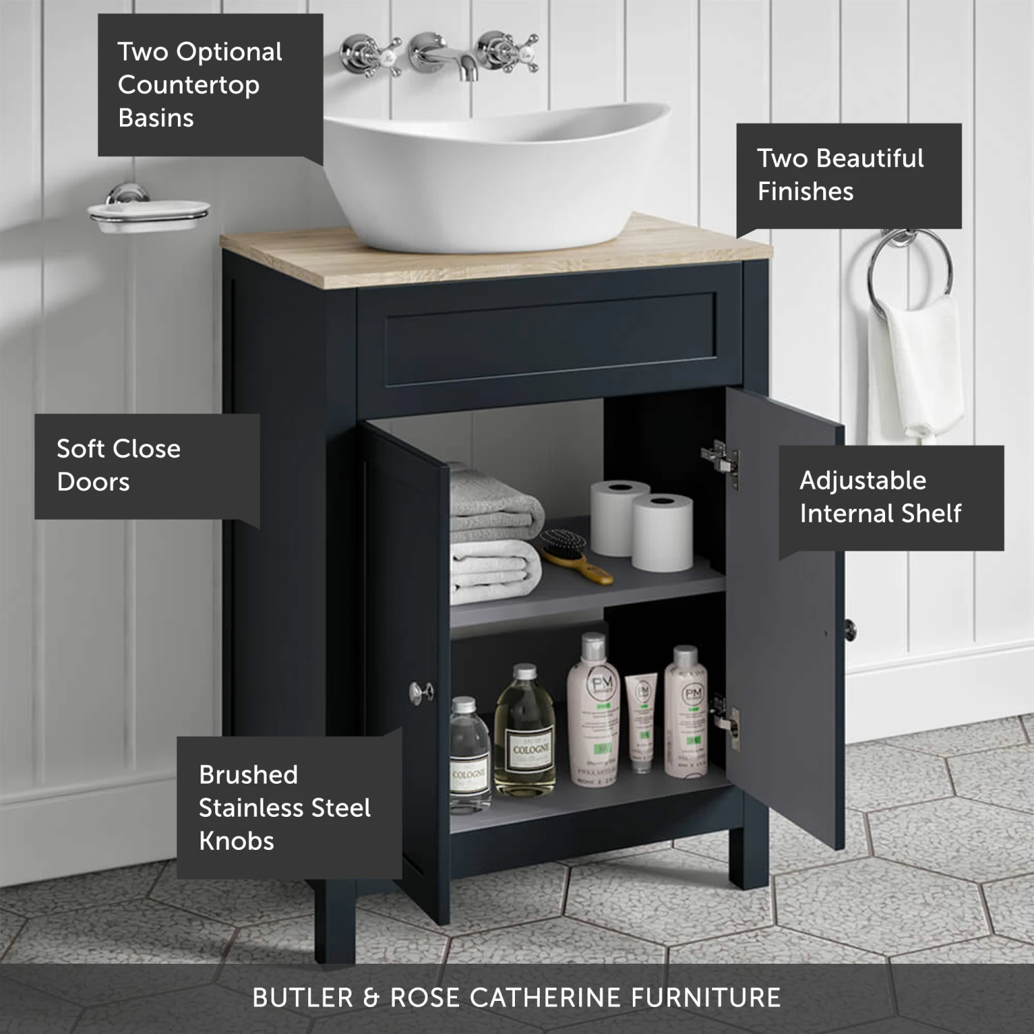 Butler & Rose Catherine Floorstanding Shadow Grey Vanity Unit With Country Oak-Effect Countertop & Audrey Stone Resin Basin 13 Butler & Rose Catherine Floorstanding Shadow Grey Vanity Unit With Country Oak-Effect Countertop & Audrey Stone Resin Basin - Image 11
