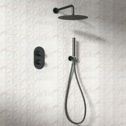 Vellamo Matt Black Twist Shower Package With 2 Outlet Valve, Fixed Head & Arm And Wall Shower Kit