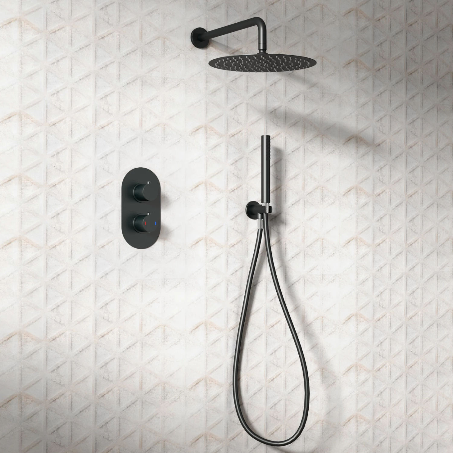 Vellamo Matt Black Twist Shower Package With 2 Outlet Valve, Fixed Head & Arm And Wall Shower Kit 3 Vellamo Matt Black Twist Shower Package With 2 Outlet Valve, Fixed Head & Arm And Wall Shower Kit