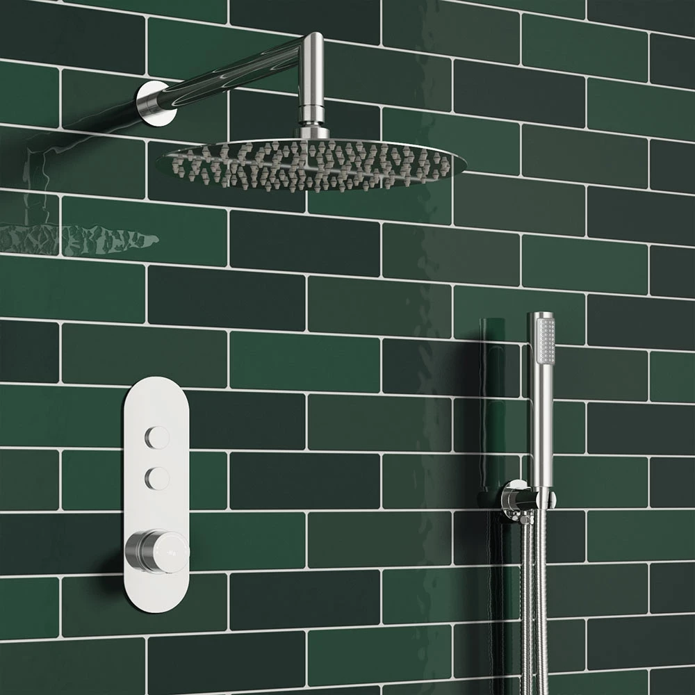 Corinne Concealed Thermostatic Push Button Shower Valve, 400mm Fixed Head & Shower Handset Kit - 150mm Ceiling Arm 3 Corinne Concealed Thermostatic Push Button Shower Valve, 400mm Fixed Head & Shower Handset Kit - 150mm Ceiling Arm