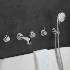 Crosswater MPRO Industrial 5 Hole Wall Mounted Bath Filler Tap With Spout & Handset - Chrome