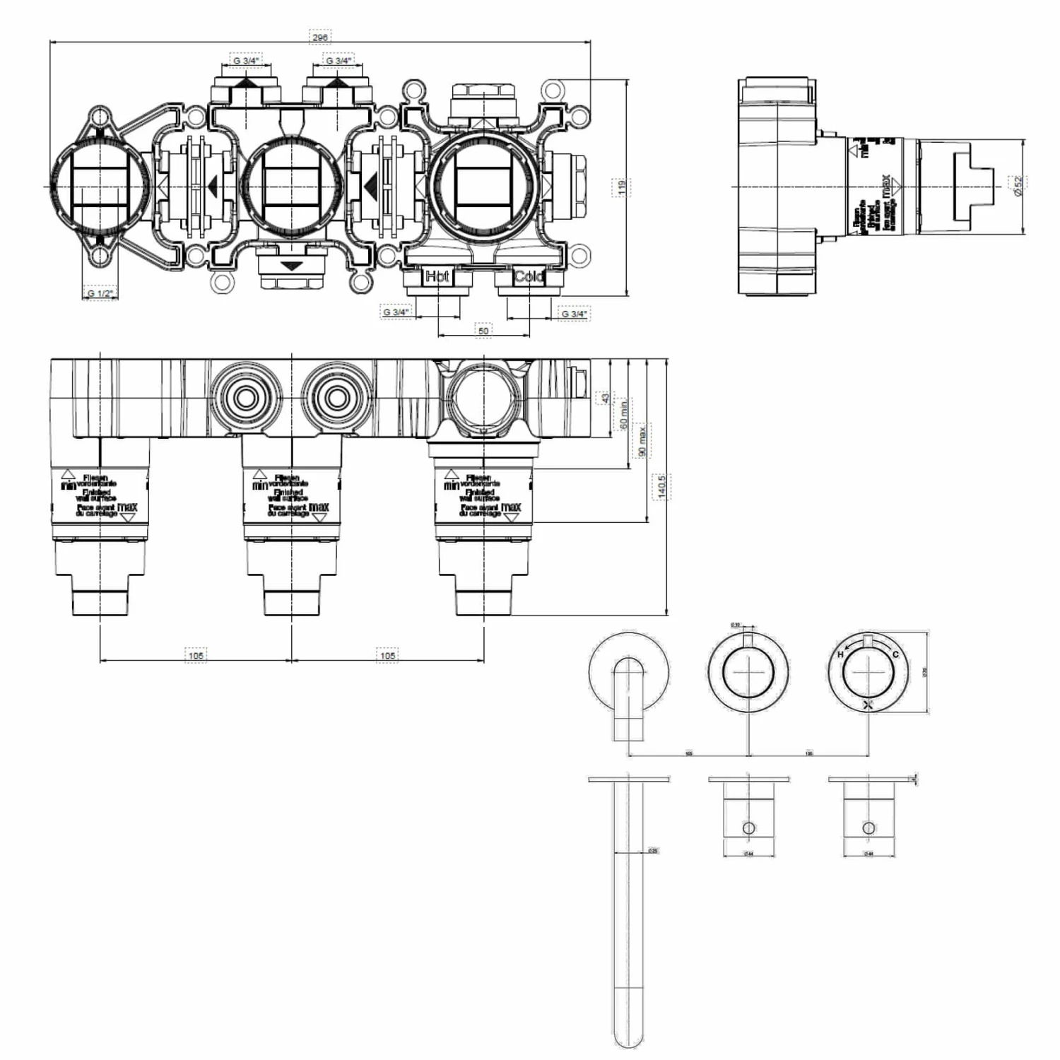 Crosswater Module 3 Outlet 2 Handle Concealed Thermostatic Shower Valve & Bath Spout - Brushed Stainless Steel Effect 11 Crosswater Module 3 Outlet 2 Handle Concealed Thermostatic Shower Valve & Bath Spout - Brushed Stainless Steel Effect - Image 9