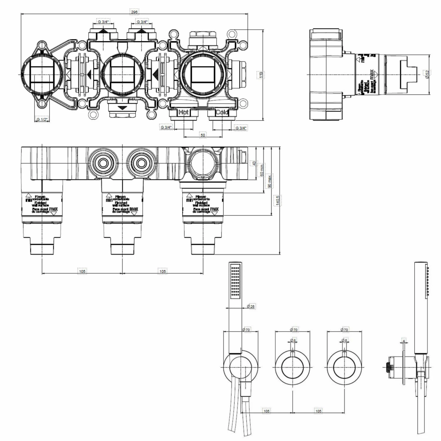 Crosswater Module 3 Outlet 2 Handle Concealed Thermostatic Shower Valve & Shower Handset - Brushed Stainless Steel Effect 12 Crosswater Module 3 Outlet 2 Handle Concealed Thermostatic Shower Valve & Shower Handset - Brushed Stainless Steel Effect - Image 10