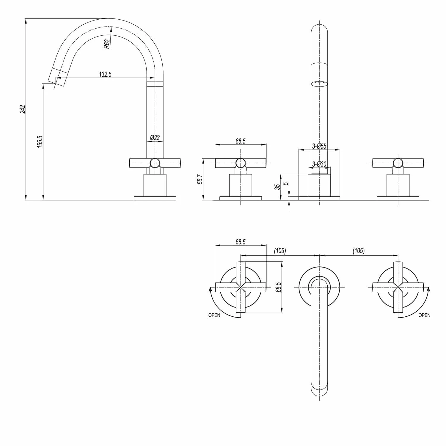 Crosswater MPRO 3 Hole Basin Mixer Tap With Crosshead Handles - Brushed Brass 7 Crosswater MPRO 3 Hole Basin Mixer Tap With Crosshead Handles - Brushed Brass - Image 5