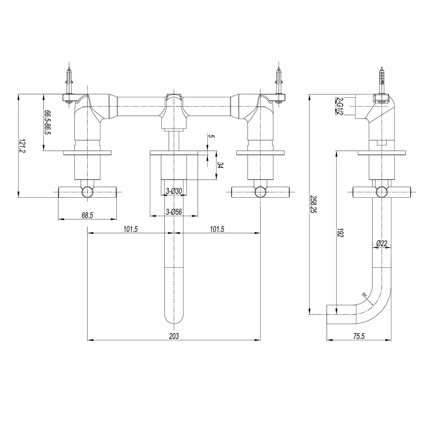 Crosswater MPRO 3 Hole Wall Mounted Basin Mixer Tap With Crosshead Handles - Brushed Stainless Steel Effect 11 Crosswater MPRO 3 Hole Wall Mounted Basin Mixer Tap With Crosshead Handles - Brushed Stainless Steel Effect - Image 9