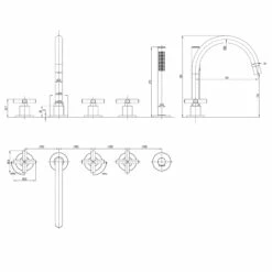 Crosswater MPRO 5 Hole Bath Mixer Tap & Shower Handset With Crosshead Handles - Brushed Stainless Steel Effect -TAP WAREHOUSE Shop crosswater mpro crosshead 5 hole bath tap tech drawing