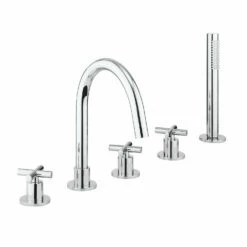 Crosswater MPRO 5 Hole Bath Mixer Tap & Shower Handset With Crosshead Handles - Brushed Stainless Steel Effect -TAP WAREHOUSE Shop crosswater mpro crosshead chrome 5 hole bath tap cutout
