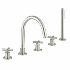 Crosswater MPRO 5 Hole Bath Mixer Tap & Shower Handset With Crosshead Handles - Brushed Stainless Steel Effect -TAP WAREHOUSE Shop crosswater mpro crosshead steel 5 hole bath tap cutout