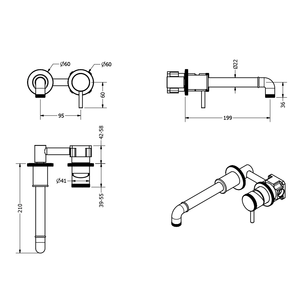 Crosswater MPRO Industrial 2 Hole Wall Mounted Basin Mixer Tap - Unlacquered Brushed Brass 5 Crosswater MPRO Industrial 2 Hole Wall Mounted Basin Mixer Tap - Unlacquered Brushed Brass - Image 3