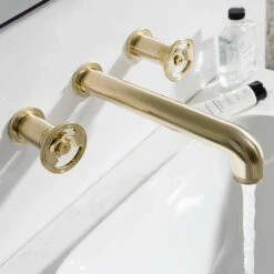 Crosswater Union 3 Hole Wall Mounted Basin Mixer Tap With Wheels - Brushed Brass