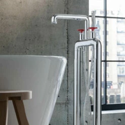 Crosswater Union Floorstanding Bath Shower Mixer Tap With Red Wheels - Chrome