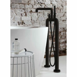 Crosswater Union Freestanding Matt Black Bath Shower Mixer With Wheel Handles And Floor Plate