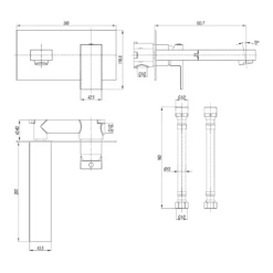Crosswater Verge 2 Hole Wall Mounted Basin Mixer Tap - Brushed Brass -TAP WAREHOUSE Shop crosswater verge wall mounted basin tap tech drawing
