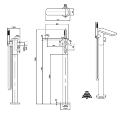 Crosswater Wisp Thermostatic Floorstanding Bath Shower Mixer With Shower Kit - Matt Black 7 Crosswater Wisp Thermostatic Floorstanding Bath Shower Mixer With Shower Kit - Matt Black -TAP WAREHOUSE Shop crosswater wisp floor bath shower mixer tech drawing