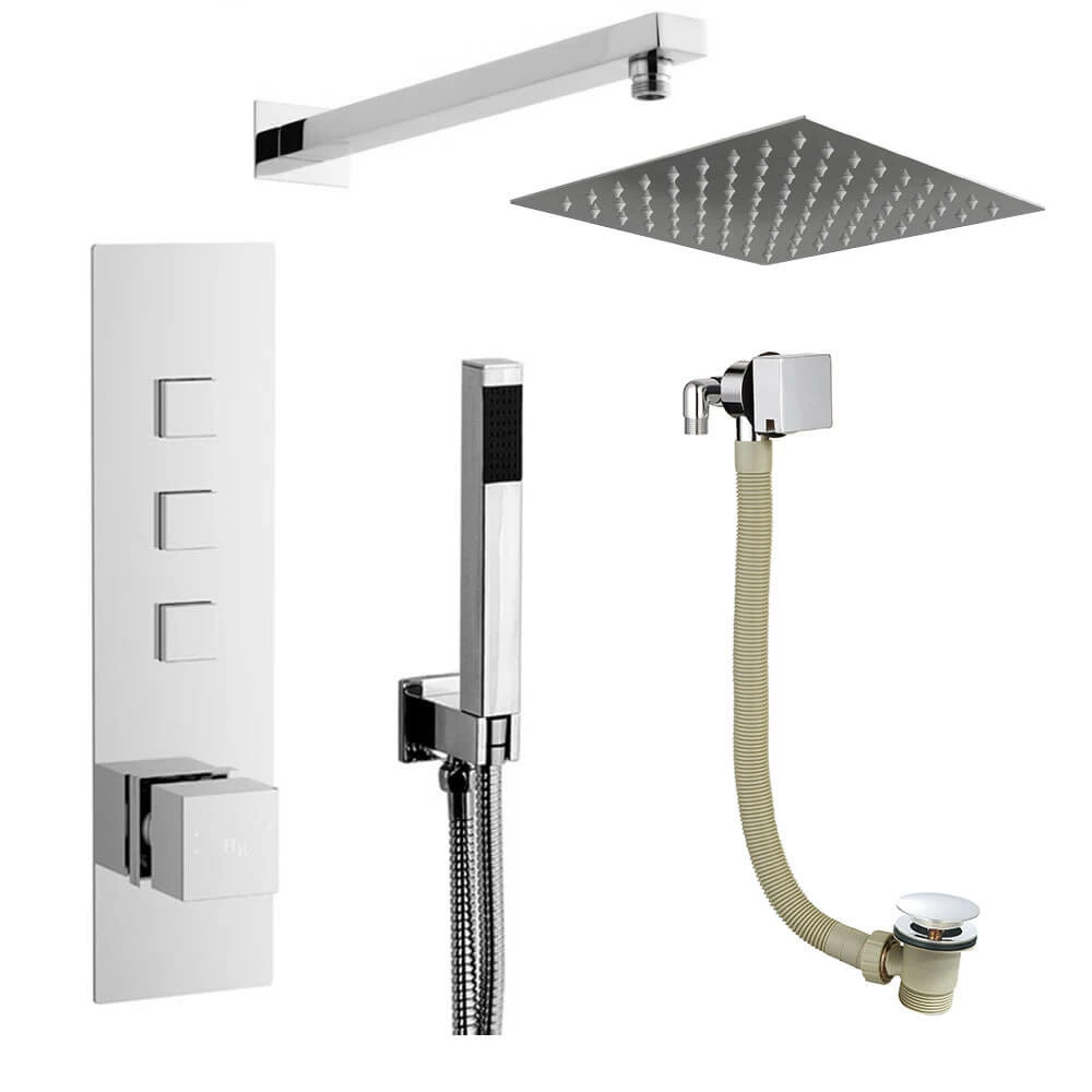 Mason Concealed Thermostatic Push Button Shower Valve, 300mm Fixed Shower Head, Handset & Overflow Bath Filler - 380mm Wall Arm 4 Mason Concealed Thermostatic Push Button Shower Valve, 300mm Fixed Shower Head, Handset & Overflow Bath Filler - 380mm Wall Arm - Image 2