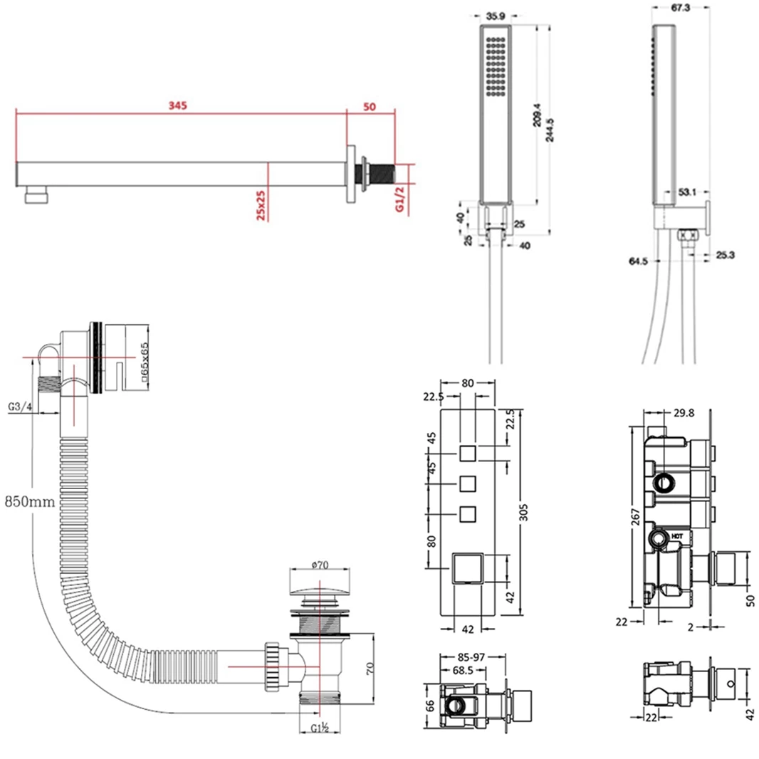 Mason Concealed Thermostatic Push Button Shower Valve, 300mm Fixed Shower Head, Handset & Overflow Bath Filler - 380mm Wall Arm 8 Mason Concealed Thermostatic Push Button Shower Valve, 300mm Fixed Shower Head, Handset & Overflow Bath Filler - 380mm Wall Arm - Image 6