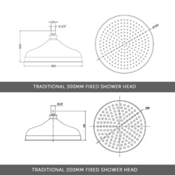 Edith Concealed Shower Valve, 200mm Fixed Shower Head & Slide Rail Kit - 300mm Wall Shower Arm -TAP WAREHOUSE Shop drench arabella traditional shower head technical drawing overlays